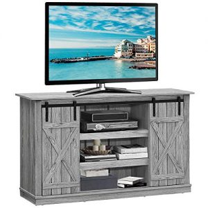 Tangkula TV Stand up to 60 Inches, Farmhouse Wood TV Stand with Sliding Barn Doors, Side Sliding Door & Height Adjustable Shelves, Wooden TV Cabinet for Home Living Room, Barn Door TV Stand (Grey)
