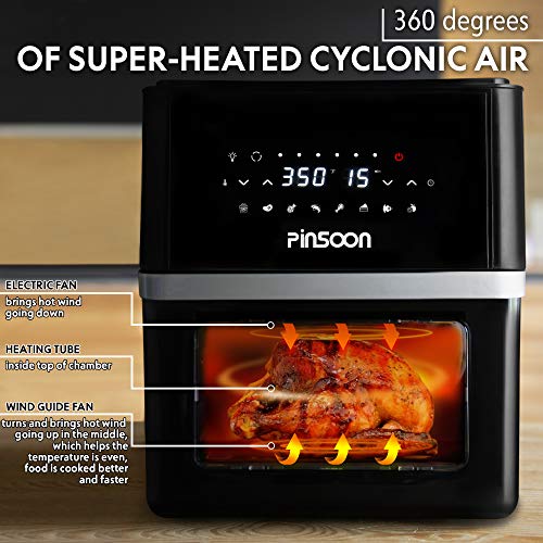 PINSOON 10-Quart Air Fryer PINSOON 10-Quart Air Fryer (Rotisserie Shaft &amp; Layer Racks &amp; Nonstick Basket), Electric Hot Air Fryer Oven Oilless Cooker, Full Circle Heated Cyclonic System, 12 Accessories, 8 Cooking Presets, LED Digital Touchscreen (50 Recipes).