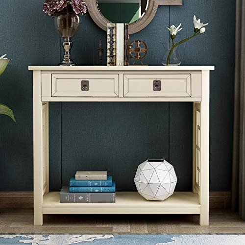 MOOSENG Sofa Console Table with 2 Drawers and Bottom Shelf Entryway Accent Storage Desk Furniture for Living Room, Easy Assembly, Antique Gray