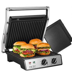 DEIK Panini Press, 6-in-1 Smokeless Indoor Grill with Timer and Temperature Control, 4 Non-Stick Removable Plates, Opens 180 Degrees for Panini, Grilled Meat, Steaks