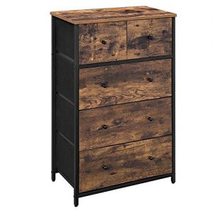 SONGMICS Rustic Drawer Dresser, Storage Dresser Tower with 5 Fabric Drawers, Wooden Front and Top, Industrial Style Dresser Unit, for Living Room, Hallway, Nursery, Rustic Brown and Black ULGS45H