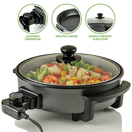 Ovente Electric Skillet 12 Inch with Non Stick Aluminum Body and Glass Cover, 1400 Watts Power Temperature Control for Pizza, Steak, Breakfast and More, Perfect Gift for Everyone, Black (SK11112B)