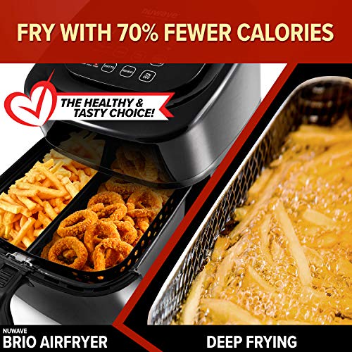 NUWAVE BRIO 6-Quart Digital Air Fryer includes basket divider NUWAVE BRIO 6-Quart Digital Air Fryer consists of basket divider, one-touch digital controls, 6 simple presets, wattage management, and superior capabilities like SEAR, PREHEAT, DELAY, WARM and extra.