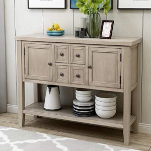 P PURLOVE Console Table Buffet Sideboard Sofa Table with Storage Drawers Cabinets and Bottom Shelf (Retro Grey)