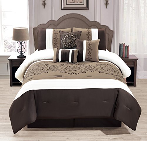 WPM 7 Pieces Complete Bedding Ensemble Brown Taupe Victorian Print WPM 7 Items Full Bedding Ensemble Brown Taupe Victorian Print Luxurious Embroidery Comforter Set Mattress-in-a-Bag Bedding-Elizabeth (Queen).