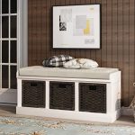 P PURLOVE Rustic Storage Bench Entyrway Bench with 3 Removable Basket, Fully Assembled Shoe Bench Storage Bench for Entryway Bench with Removable Cushion for Living Room