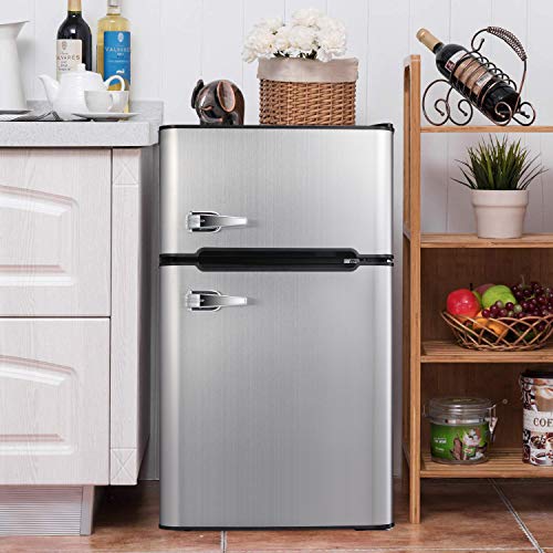 Bossin Compact Refrigerator 3.2 cu ft. Unit Small Freezer Cooler Fridge Small Drink Food Storage Machine for Office, Dorm, Apartment, Bedroom, Kitchen(Gray stainless steel）