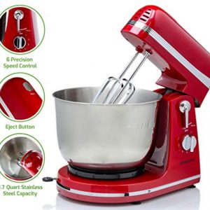 Ovente Electric Stand Mixer with 3.7 Quart Stainless Steel Mixing Bowl and 6 Mixing Speed, 300 Watts Powerful Motor for Easy Professional Whipping, Mixing, and Kneading, Red (SM880RI)