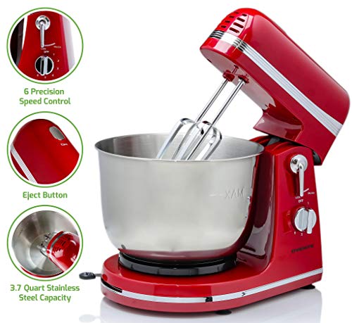 Ovente Electric Stand Mixer with 3.7 Quart Stainless Steel Mixing Bowl and 6 Mixing Speed, 300 Watts Powerful Motor for Easy Professional Whipping, Mixing, and Kneading, Red (SM880RI)