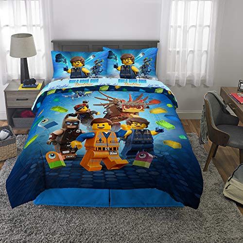 LEGO Movie 2 Kids Bedding Soft Microfiber Comforter and Sheet Set, Full Size 5 Piece Pack, Blue