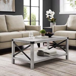 Walker Edison Furniture Company Rustic Modern Farmhouse Metal and Wood Rectangle Accent Coffee Table Living Room Ottoman Storage Shelf, 40 Inch, Stone Grey