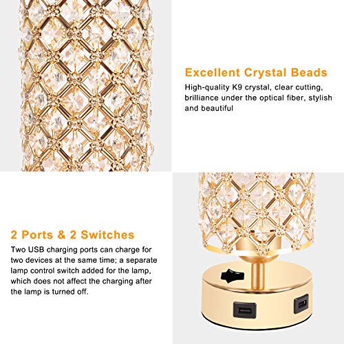 Crystal Table Lamp, Gold Lamp Sets, USB Desk Lamp with USB Charging Ports Crystal Desk Lamp, Gold Lamp Units, USB Desk Lamp with USB Charging Ports, Bedside Lights with Steel Base, Ornamental Lamp Trendy Nightstand Lamp for Bed room, Dwelling Room, Residence Workplace(Set of two).