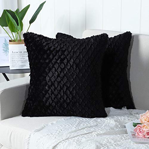 Mandioo Pack of 2 Luxury Soft Plush Faux Fur Decorative Throw Pillow Covers Set Cushion Cases Pillowcases for Couch Sofa Bedroom Car 18x18 Inches,Black
