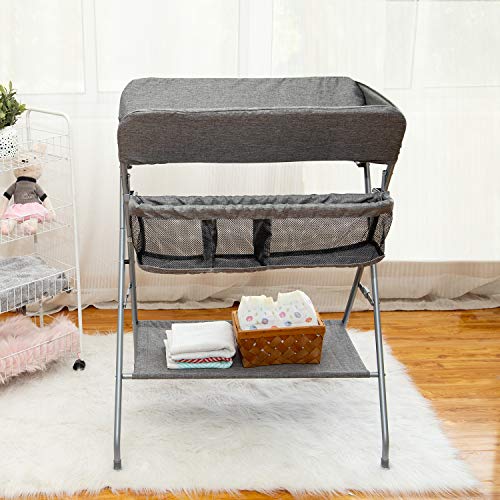 Baby Changing Table Portable Folding Diaper Station Nursery Child Altering Desk Moveable Folding Diaper Station Nursery Organizer for Toddler Lagre Storage Basket and Shelf with Security Belt(Gray).