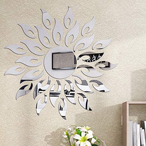 Wall Stickers Luxury 3D Sunflower Mirrors Wall Stickers Self Adhesive DIY Acrylic Wall Sticker Silver Home Decoration Wall Stickers Removable Round Flower Acrylic Mirror Decor（Sunflower）