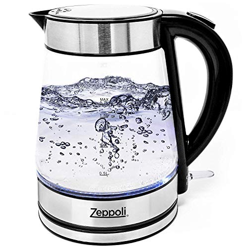 Zeppoli Electric Kettle - Glass Tea Kettle (1.7L) Fast Boiling and Cordless, Stainless Steel Finish Hot Water Kettle - Hot Water Dispenser - Glass Tea Kettle, Tea Pot Water Heater