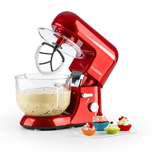 KLARSTEIN Bella Rossa 2g, Tilt-Head Electric Stand Mixer, Dough Hook, Flat Beater, Wire Whip, 650 Watts, 1.1 HP, 5.5 qt Glass Bowl, Planetary Mixing Action, 6 Speeds, Multifunctional, Red