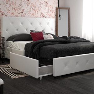 DHP Dakota Upholstered Platform Bed with Storage Drawers, White Faux Leather, Queen