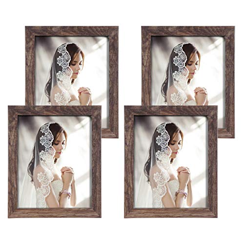 Q.Hou 8x10 Picture Frame Wood Patten Rustic Brown Photo Frames Packs 4 with High Difinition Glass for Tabletop or Wall Decor (QH-PF8X10-BR)