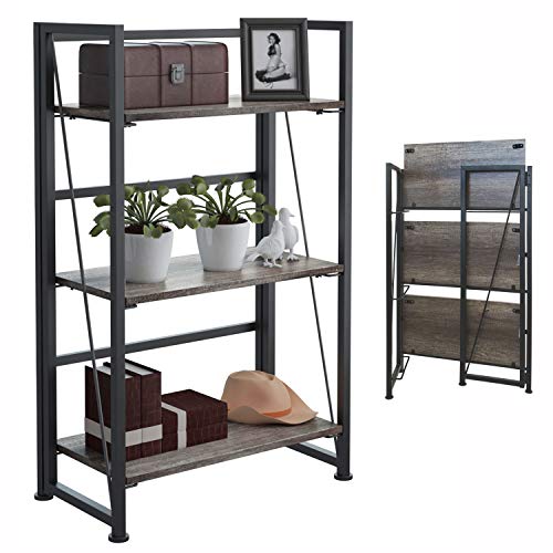 4NM No-Assembly Folding-Bookshelf Storage Shelves 3 Tiers Vintage Bookcase Standing Racks Study Organizer Home Office 23.62 x 11.61 x 37.6 Inches - Black