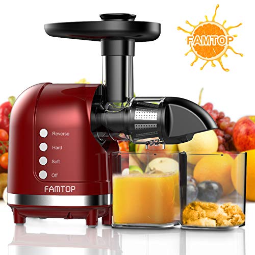 FAMTOP Slow Masticating Juicer Extractor with Reverse Function Quiet Motor Cold Press Machine Higher Yield from Fruit and Vegetable Easy to Clean, Red