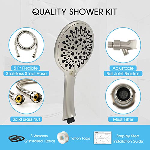 ANZA High Pressure Handheld Shower Head With Hose ANZA Excessive Strain Handheld Bathe Head With Hose, 6 Spray Modes, Luxurious Spa Grade, Rainfall 4.7", Hand Held Bathe Head For Low Move With Lengthy Hose, Adjustable Bracket, Teflon Tape, Brushed Nickel.