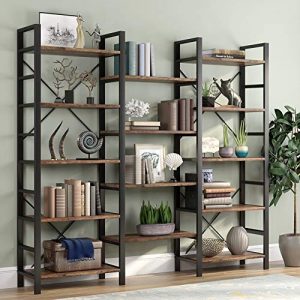 Tribesigns Rustic Triple Wide 5-Shelf Bookcase, 5 Tier Etagere Large Open Bookshelf Vintage Industrial Style Shelves Wood and Metal bookcases Furniture for Home & Office, Retro Brown