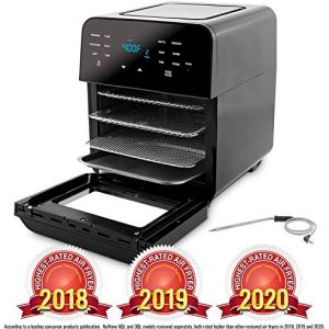 NUWAVE BRIO 14-Quart Large Capacity Air Fryer Oven with Digital Touch Screen Controls and Integrated Digital Temperature Probe; 3 Heavy-Duty NEVER-RUST Stainless Steel Mesh Racks Great for Multi-Level Family Meals; Drip Tray; Rotisserie Kit includes Skewe