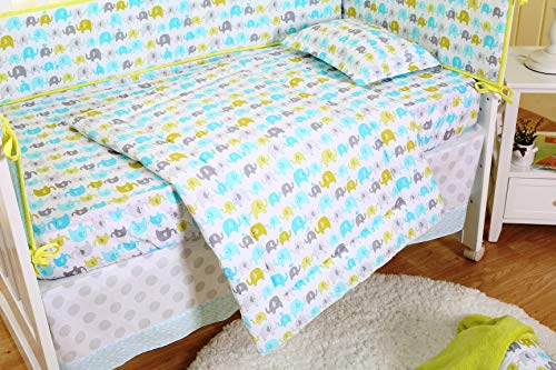 Spring Baby Crib Bedding Set 8 Piece Nursery Crib Bedding Set Spring Child Crib Bedding Set Eight Piece Nursery Crib Bedding Set for Child Boys and Ladies, Together with Comforter, Crib Sheet, Crib Skirt, Bumpers, Blanket (Blue/Inexperienced/Gray Elephant-Eight Piece).