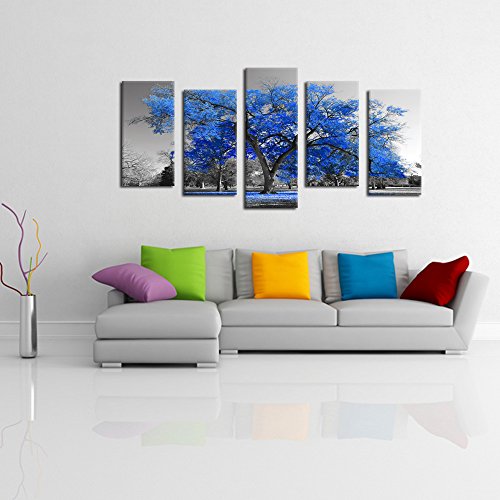 Kreative Arts Canvas Print Wall Art Painting Contemporary Blue Tree Kreative Arts Canvas Print Wall Artwork Portray Modern Blue Tree in Black and White Model Fall Panorama Image Trendy Giclee Stretched and Framed Art work (Giant Measurement 60x32inch).