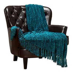 Chanasya Chenille Velvety Texture Decorative Throw Blanket with Tassels Super Soft Cozy Classy Elegant with Subtle Shimmer for Chair Couch Bed Living Bed Room Blue Throw Blanket (50x65 Inches) Teal