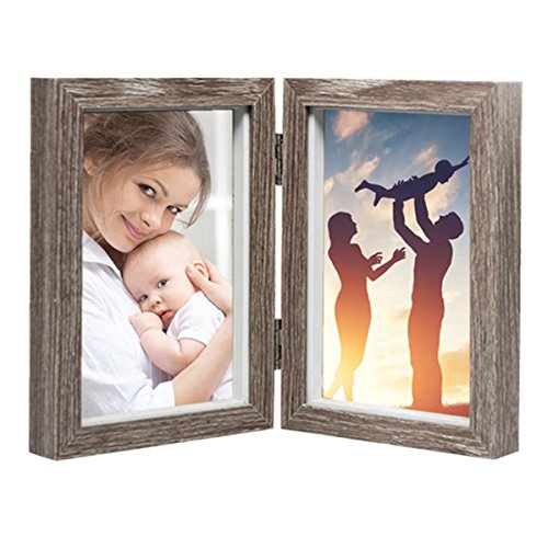 CECIINION Wood Photo Frame Shadow Box 4x6 Hinged Double Picture Frames,Glass Front,Fit for Stands Vertically on Desk Table Top (Grey Color)