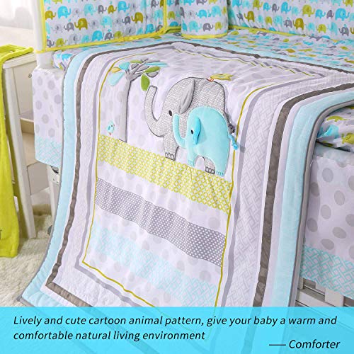 Spring Baby Crib Bedding Set 8 Piece Nursery Crib Bedding Set Spring Child Crib Bedding Set Eight Piece Nursery Crib Bedding Set for Child Boys and Ladies, Together with Comforter, Crib Sheet, Crib Skirt, Bumpers, Blanket (Blue/Inexperienced/Gray Elephant-Eight Piece).