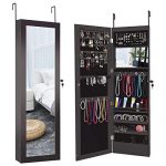 Herron LED Jewelry Cabinet Armoire with Mirror, Over The Door Jewelry Box or Wall Mounted Jewelry Organizer for Women to Store Jewelry，Brown