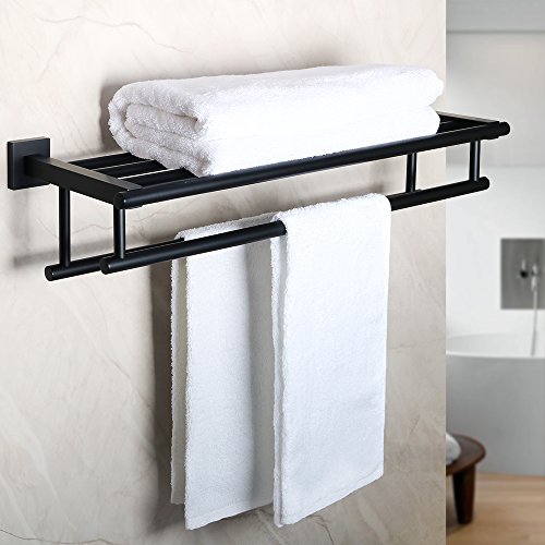 Alise GZ8000-B Bathroom Lavatory Towel Rack Towel Shelf with Two Towel Bars Wall Mount Holder,24-Inch SUS 304 Stainless Steel Matte Black
