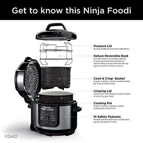 Ninja Foodi 8-qt. 9-in-1 Deluxe XL Cooker and Air Fryer-Stainless Steel Ninja FD401 Foodi 8-qt. 9-in-1 Deluxe XL Cooker &amp; Air Fryer-Stainless Metal Strain Cooker, 8-Quart.