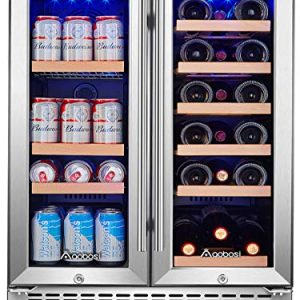 Aobosi 24 Inch Beverage and Wine Cooler Dual Zone, 2-IN-1 Wine Beverage Refrigerator with Independent Temperature Control, Blue LED Light, Quiet Operation, Energy Saving, Hold 18 Bottles and 57 Cans