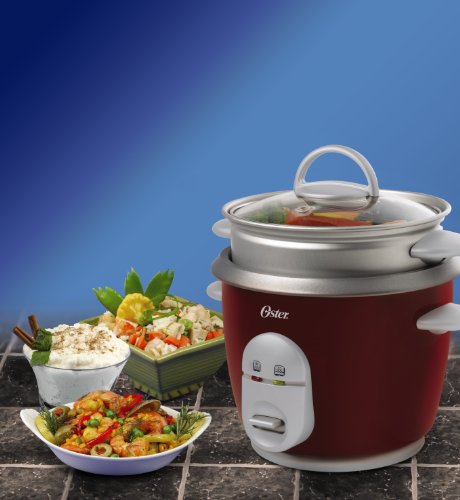 Oster 6-Cup Rice Cooker with Steamer, Red Guarantee: 1 Yr restricted guarantee