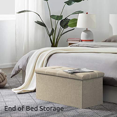 YOUDENOVA 30 inches Storage Ottoman Bench YOUDENOVA 30 inches Storage Ottoman Bench, Foldable Footrest Shoe Bench with 80L Storage Space, End of Bed Storage Seat, Support 350lbs, Linen Fabric Beige.