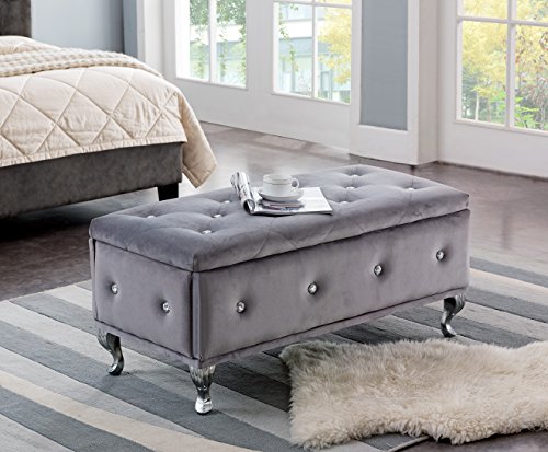 Kings Brand Furniture Gray Velvet Tufted Design Upholstered Storage Bench Ottoman