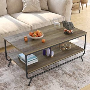 HOMECHO Industrial Coffee Table, 2-Tier Wood and Metal Rustic Cocktail Table with Storage Shelf, for Living Room Office, Easy Assembly, Brown 43 inch