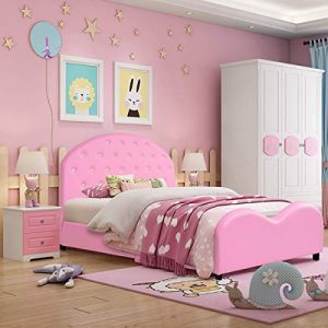 Costzon Toddler Bed, Twin Size Upholstered Platform Bed W/Embedded Crystal Wood Bedframe Cylindrical Feet for Kids Boys & Girls, Children Classic Sleeping Bedroom Furniture(Pink)