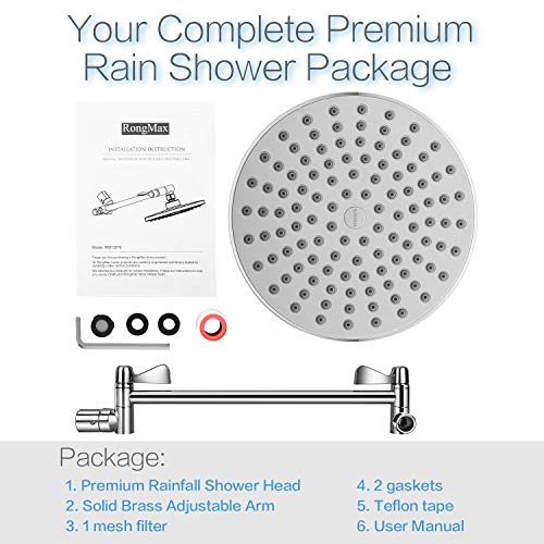 Complete Rain Shower Head Kit - Immerse Yourself in Tranquility with a 7.6-inch Luxury Rainfall Shower Head and 13.5-inch Adjustable Arm - Perfect for High and Low Pressure, Removable Water Restrictor for a Customizable Shower Experience - Chrome Finish As a daily shower ritual enthusiast, the RongMax Rain Shower Head Kit has redefined my bathing experience. The 7.6-inch Luxury Rainfall Shower Head, designed to replicate the soothing sensation of showering in the rain, provides a unique and realistic feel to the water spray. The 13.5-inch Adjustable Arm ensures that the showerhead is at the perfect height, offering a gentle, stress-relieving shower experience every time. The removable water restrictor not only helps in conserving water and energy but also allows customization based on individual water pressure preferences. The shower arm's new locking design ensures stability, eliminating any flopping around during use. Transform your daily routine into a luxurious retreat with RongMax, your own personal raincloud.