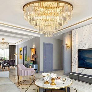 Healer 31.5 inch Luxury Crystal Chandelier Ceiling Light Fixture with 13 E14 Lamp Holder, Gold Finish Flush Mount Decorative Hanging Lighting with Remote Control for Living Room Bedroom Restaurant