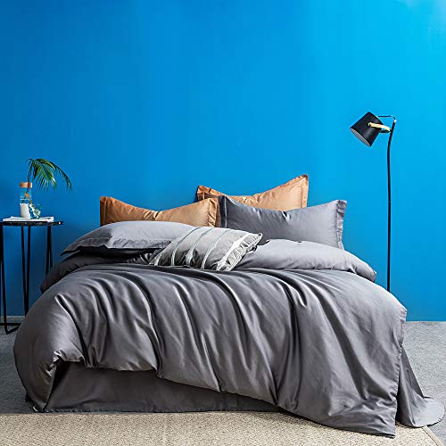 MILDLY Solid Color Gray Duvet Cover Sets Luxury Queen Comforter Cover with 2 Pillowcases 100% Egyptian Cotton (No Comforter)