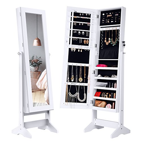 LANGRIA Lockable Jewelry Cabinet Standing Jewelry Armoire Organizer with Mirror, Full Length Standing Jewelry Storage, 4 Angle Adjustable, for Rings, Earrings, Bracelets, Broaches, White Finish