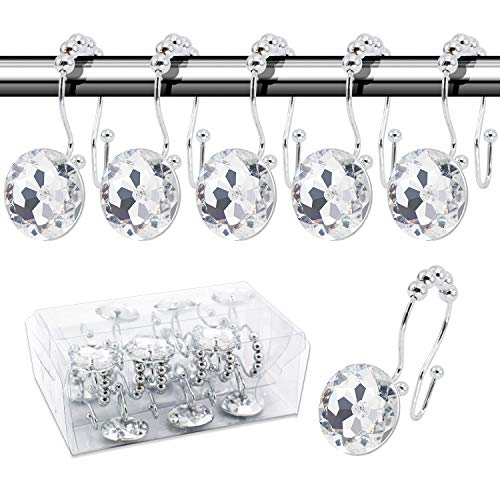 BEAVO Decorative Shower Curtain Hooks,12 Pcs Double Glide Shower Curtain Rings Stainless Steel Rustproof Shower Hook Ring with Acrylic Crystal Rhinestones for Bathroom Shower Rods Curtains and Liner