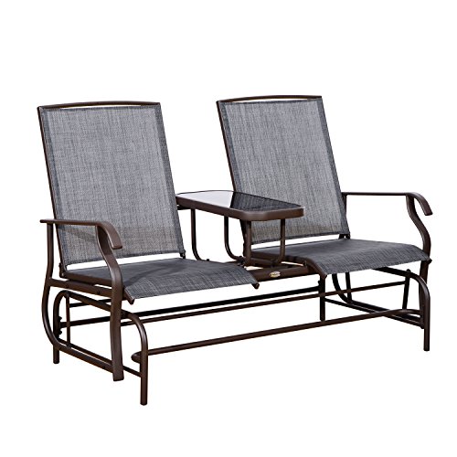 Outsunny 2 Person Outdoor Mesh Fabric Patio Double Glider Chair with Center Table