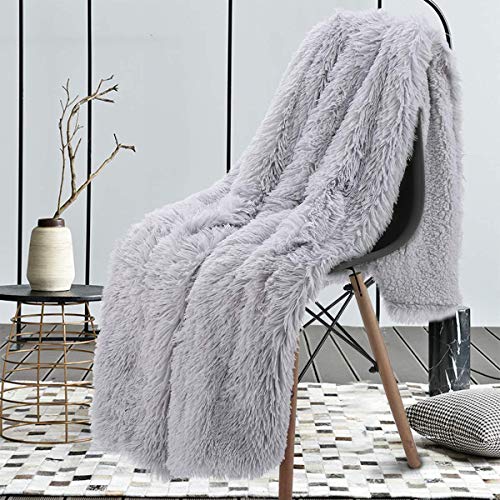 junovo Super Soft Shaggy Longfur Faux Fur Blanket, Fuzzy Throw Blanket for Bed, Fluffy Cozy Plush Light Blanket, Washable Warm Furry Throw Blanket for Couch Sofa Chair Home Decor, 50"x60" Sliver Grey