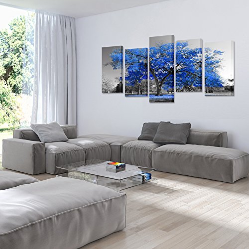 Kreative Arts Canvas Print Wall Art Painting Contemporary Blue Tree Kreative Arts Canvas Print Wall Artwork Portray Modern Blue Tree in Black and White Model Fall Panorama Image Trendy Giclee Stretched and Framed Art work (Giant Measurement 60x32inch).